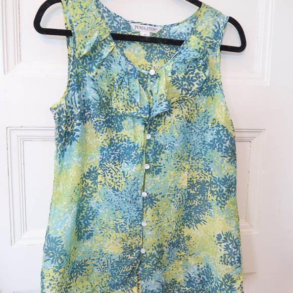 Pendleton Blue Green Abstract Print Silk Cotton Sleeveless Blouse - Picture 3 of 4